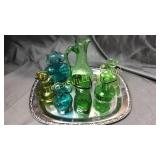 7 pcs blue green crackle glass on Silverplate