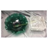 Footed candy dish and green fluted bowl