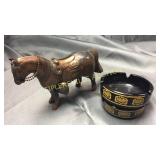 5" metal horse bank and 2 vintage golden nugget