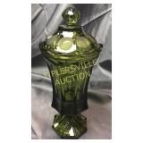 13" green coin glass covered candy dish