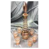 Vintage Pink and gold 16" decanter with 6 glasses