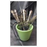 Jadite jar with chip and vintage  flatware