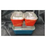 Pyrex refrigerator glass set shows wear and lid