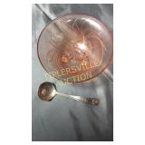 6"w footed pink depression bird bowl with spoon