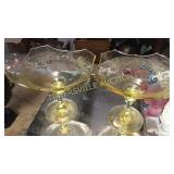 Pair of etched yellow depression glass