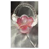 Art glass basket pink and clear 7"