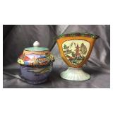 Hand painted luster ware fan vase and covered