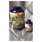 2 blue satsuma type vases tallest 7"