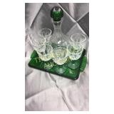Forest green and clear crystal decanter set on