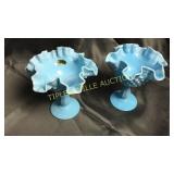 Pair of hobnail Fenton blue milk glass swirl 6in