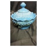 Fenton blue milk glass swirl hobnail candy dish