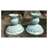 Pair of Fenton hobnail blue milk glass swirl