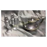 4in silver solder teapot and silverplate shakers