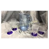 Vintage Blue pitcher and 5 mismatched stems