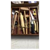 Tray of wooden kitchen utensils and vintage