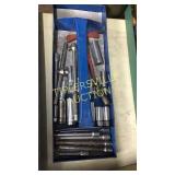 Blue box of sockets and extensions some snap on,