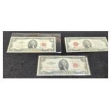 (3) $2 Red Seal Notes: 1928, 1953, 1963