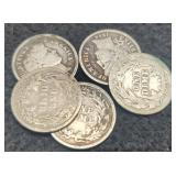 (5) Barber Dimes: 1892, 98, 99, 03-O, 06-O