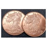 (2) 1 Troy Oz. Copper W. Liberty Round,