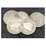 (5) Barber Dimes: 1892, 98, 02-O, 03, 07-O