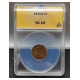 1914-D Slab L. Cent  ANACS VG10