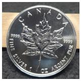 1992 1 Troy Oz. Silver Canada $5 Maple Leaf