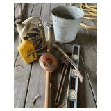 Galvanized Bucket, Oil and Tools