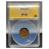 1931-S Slab L. Cent  ANACS VF30