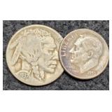 1955-S R. Dime & 1937-D Buffalo Nickel