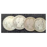 (4) Barber Quarters: 1907-O, 08-D, 09, 16-D