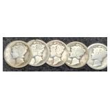 (5) Mercury Dimes: 1916-S, 17-D, 18, 19-D, 20-S