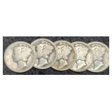 (5) Mercury Dimes: 1919-S, 24-D, 25-S, 26-D, 27-D