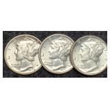 (3) Unc. Mercury Dimes: 1941, 42, 45