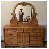 Oak Lowboy Dresser with Mirror