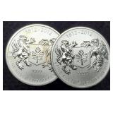 (2) 3/4 Troy Oz. Silver 1812-2012 Canada Dollars