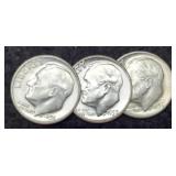 (3) MS 65 R. Silver Dimes: 1956-D, 57, 58-D
