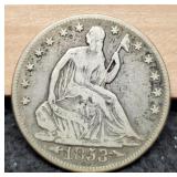 1853 w/ Arrows/Rays Liberty Seated Half Dollar F12