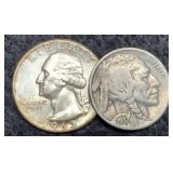 1963 Silver Quarter & 1937 Buffalo Nickel