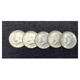 (5) 1964 Kennedy Half Dollars