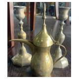 Brass Pitcher &  Cast Metal Candle Holders