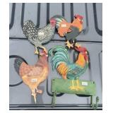Four Metal Roosters & Chickens With Hooks