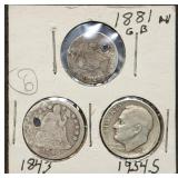 Silver Dimes & Canada Half Dime in Holder