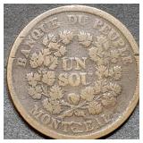 1838 Lower Canada Un Sou Large Cent Token Penny