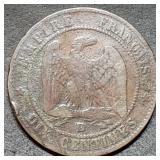 1854 France 10 Centimes Copper Coin