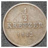 1842 German States 1/2 Kreuzer Coin  Nice