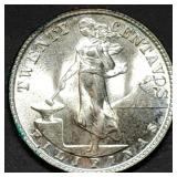 1944-D Philippines 20 Centavos Silver Coin BU