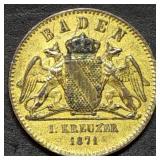 1871 German States 1 Kreuzer Coin Gold Washed