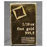 1/10oz Fine Gold Valcambi Ingot Bot .9999