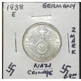 1938 E Nazi Germany 2 Mark Silver Coin High Grade