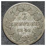 1848 German States 3 Kreuzer Silver Coin